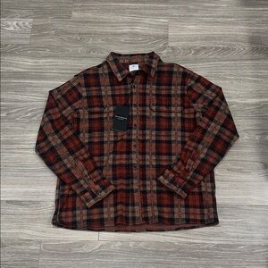 7 Diamonds Orange, Black & Tan Plaid Button-Up